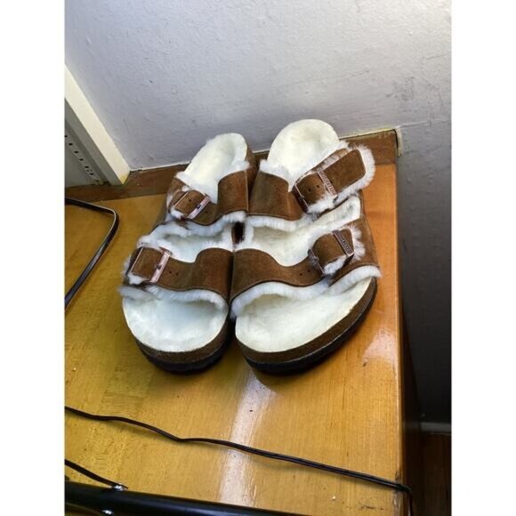 Birkenstock Shearling Arizona Suede Sandals Size 12 Narrow Brown/White